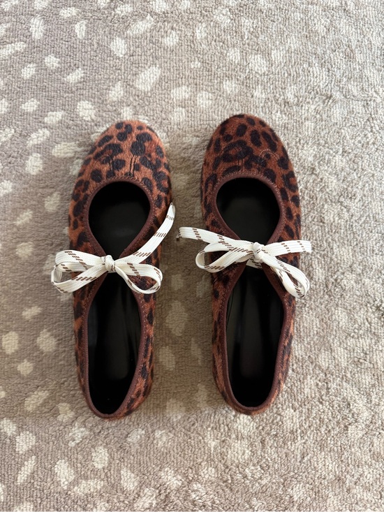 Shoes - Leopard Print Ballet Flats with Bow - Brown